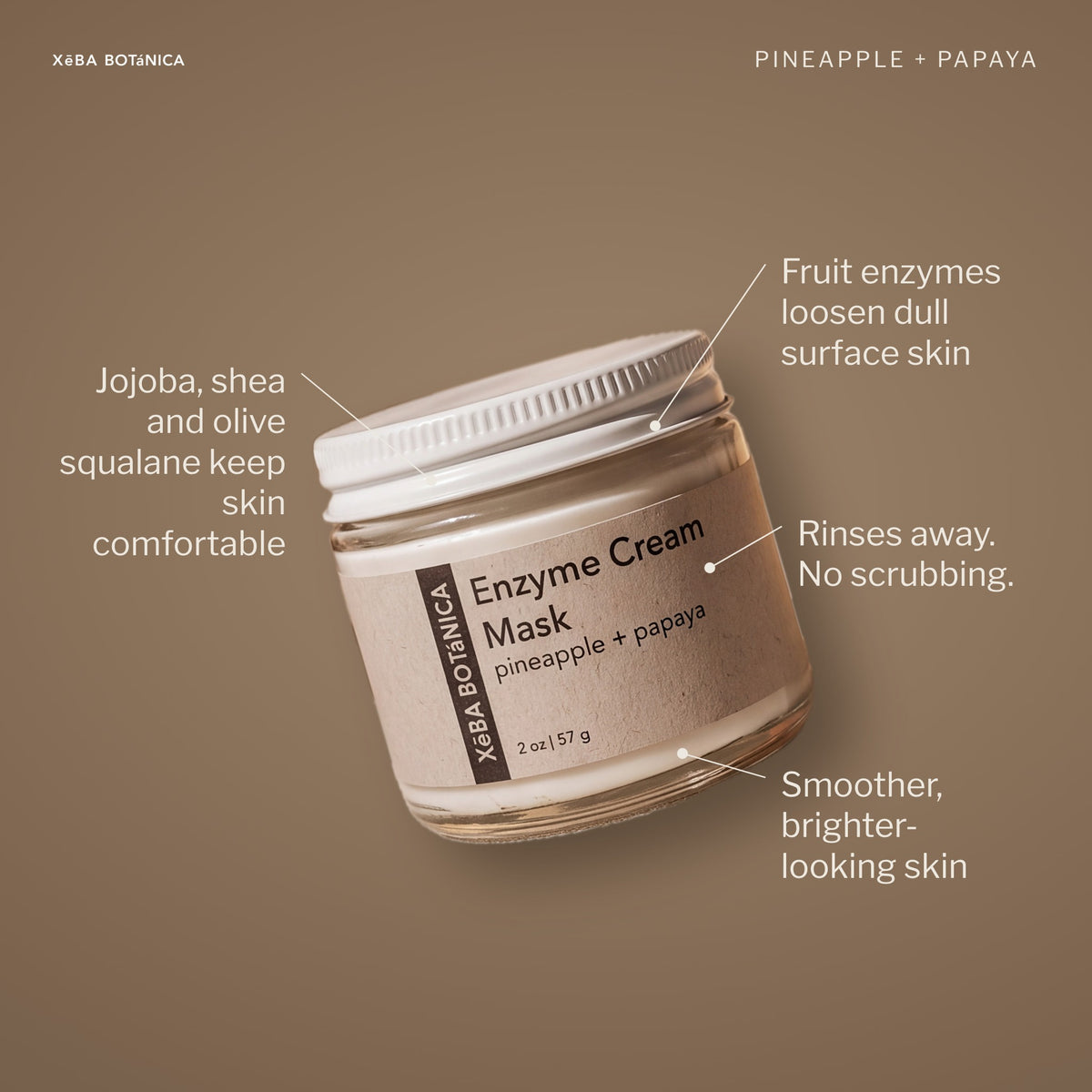 Enzyme Cream Mask benefits: fruit enzymes loosen dull surface skin, rinses away with no scrubbing, smoother brighter-looking skin, jojoba, shea and olive squalane keep skin comfortable