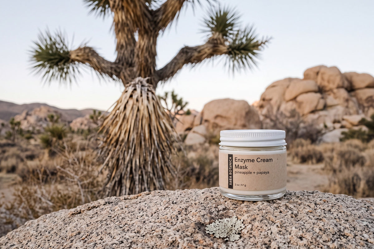 Enzyme Cream Mask jar on a granite boulder in Joshua Tree at dusk