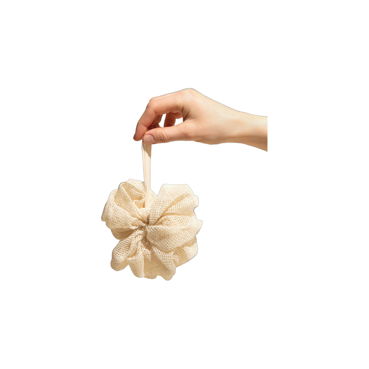 Hand holding a woven cotton shower pouf